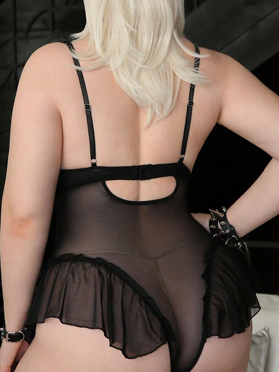 Women's black lace patchwork babydoll lingerie set featuring underwire support, backless design, and adjustable straps.
