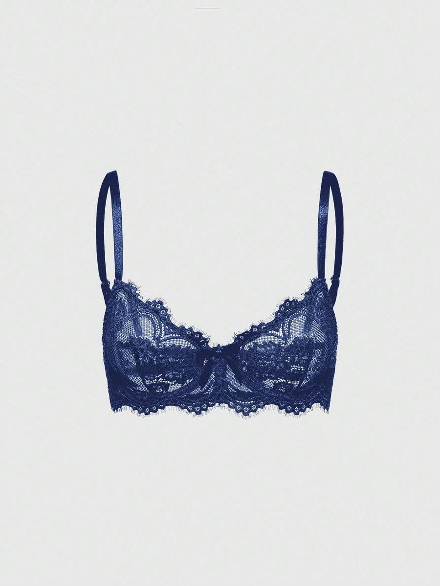 Black sheer floral lace plunge bra featuring underwire support, unlined triangle cups, adjustable straps, and a backless design for women.