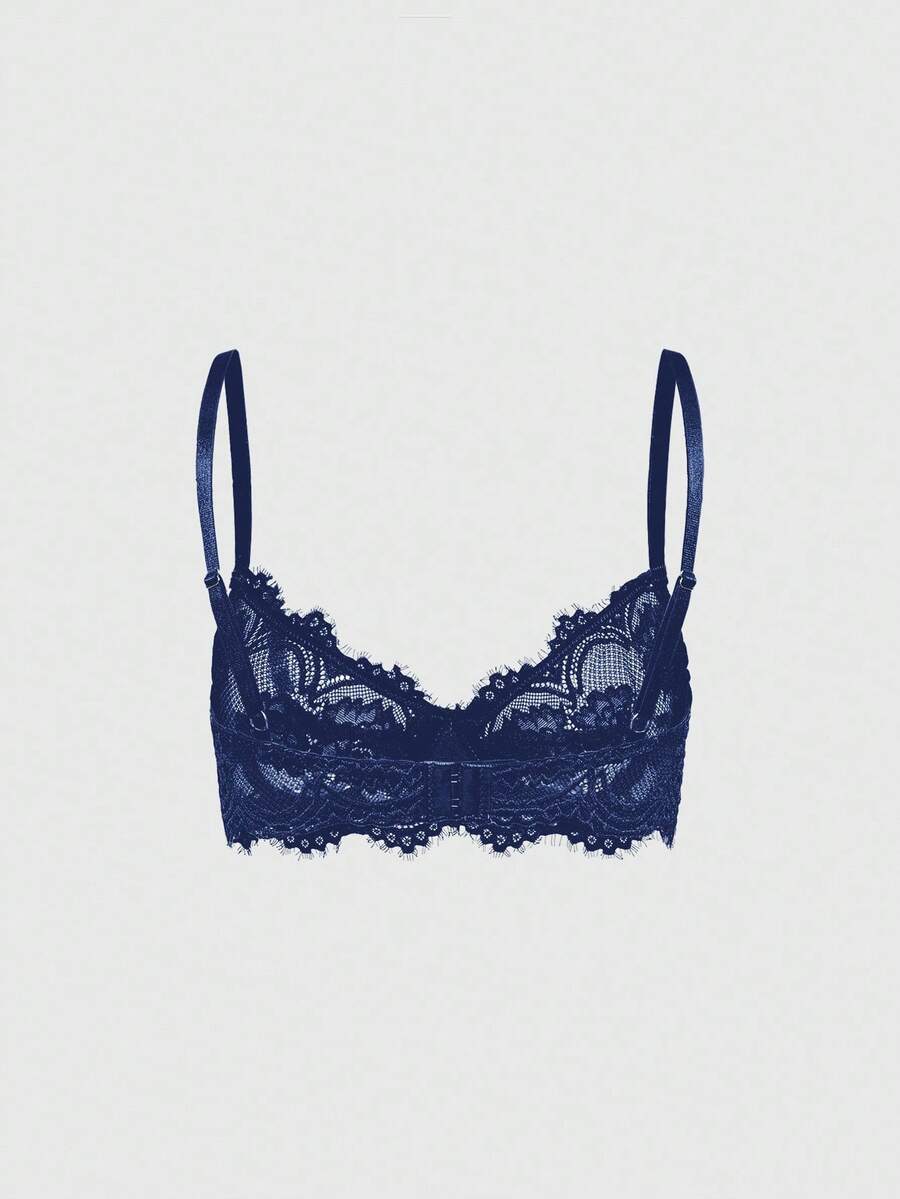 Black sheer floral lace plunge bra featuring underwire support, unlined triangle cups, adjustable straps, and a backless design for women.