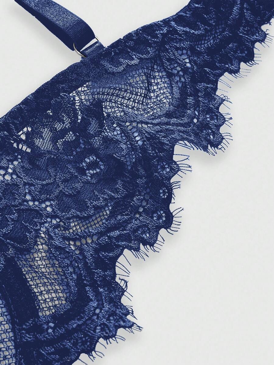 Black sheer floral lace plunge bra featuring underwire support, unlined triangle cups, adjustable straps, and a backless design for women.