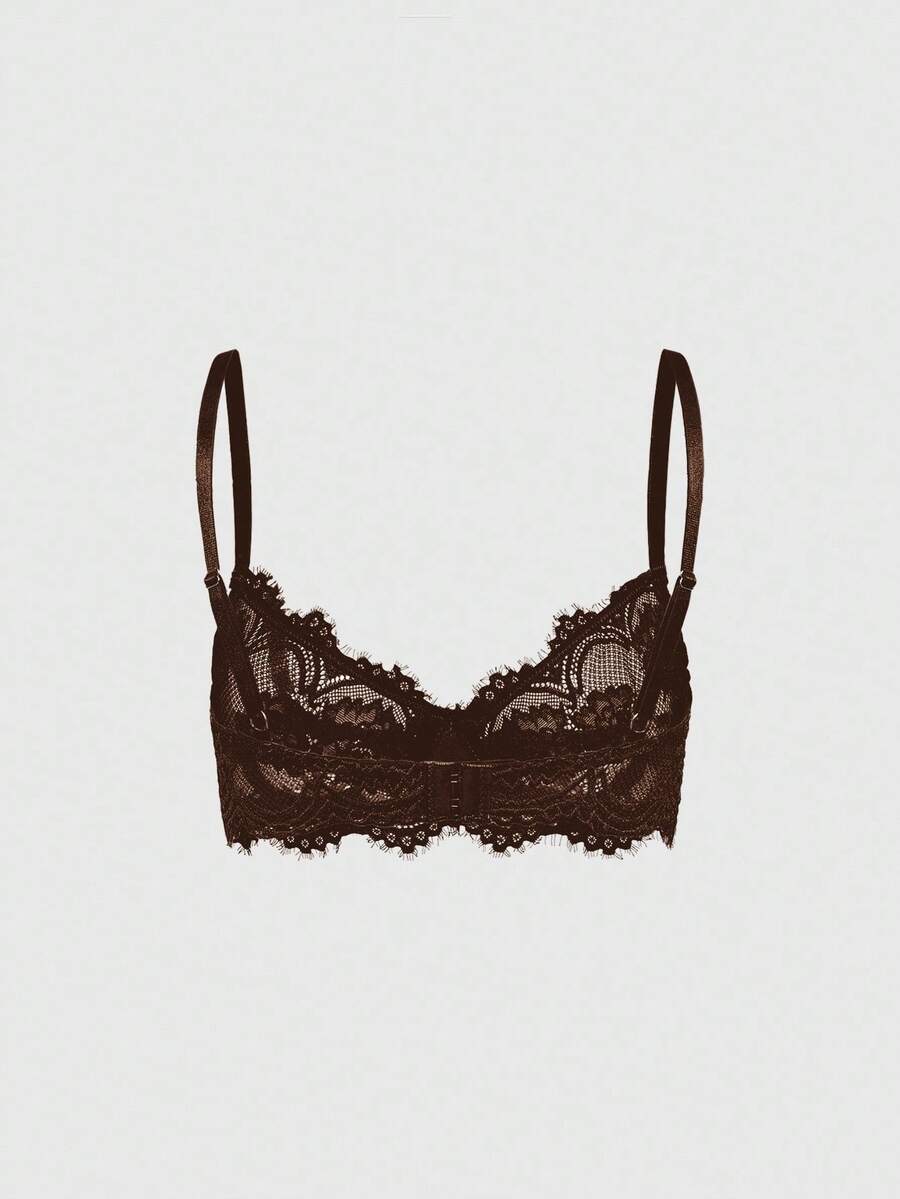 Black sheer floral lace plunge bra featuring underwire support, unlined triangle cups, adjustable straps, and a backless design for women.