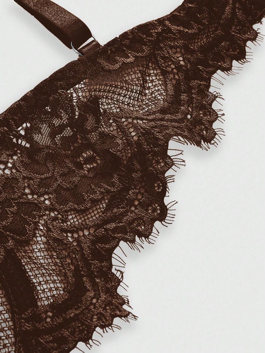 Black sheer floral lace plunge bra featuring underwire support, unlined triangle cups, adjustable straps, and a backless design for women.