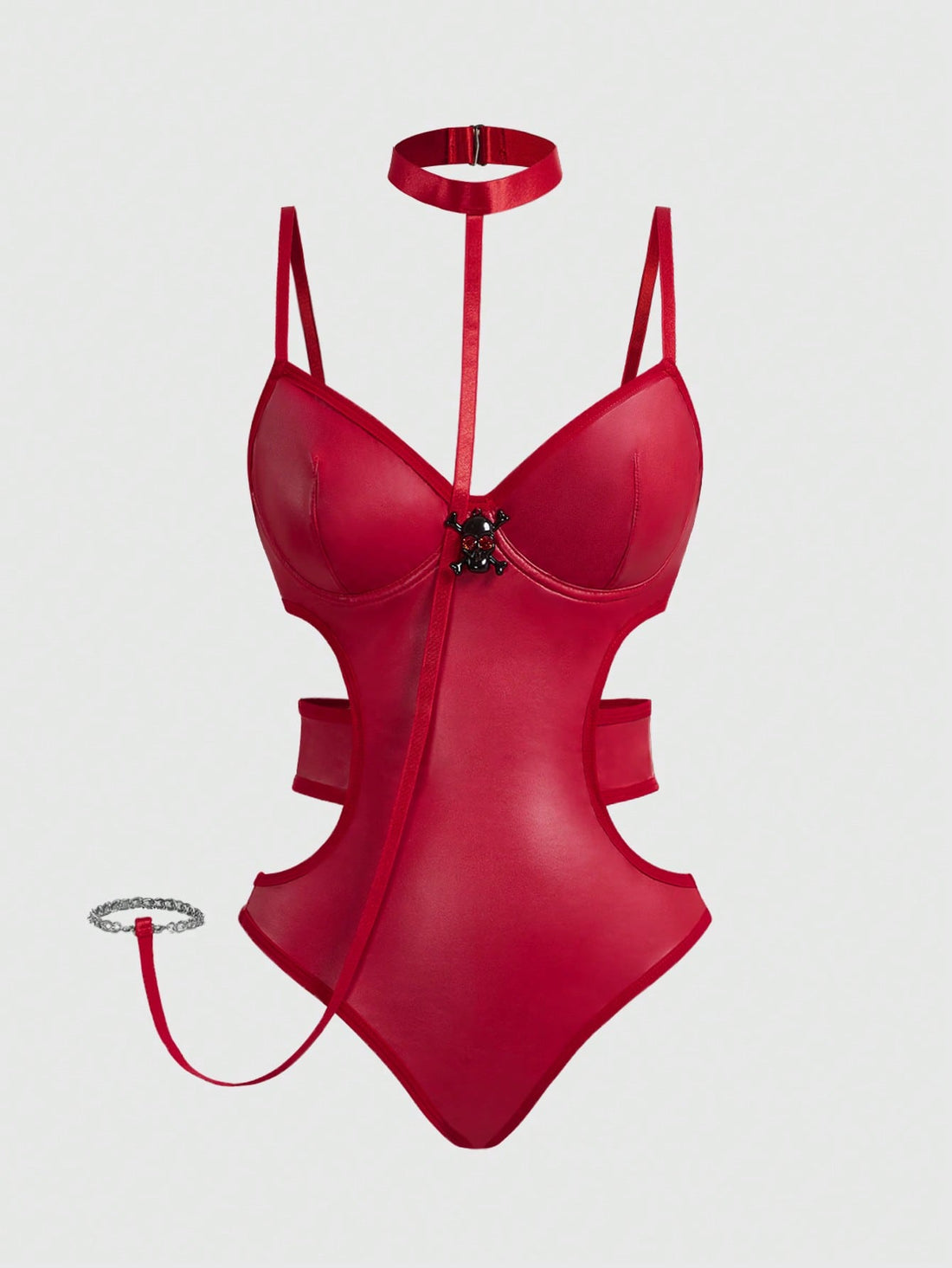Burgundy goth 2-piece lingerie set with backless bodysuit design, underwire push-up cups, and adjustable spaghetti straps.