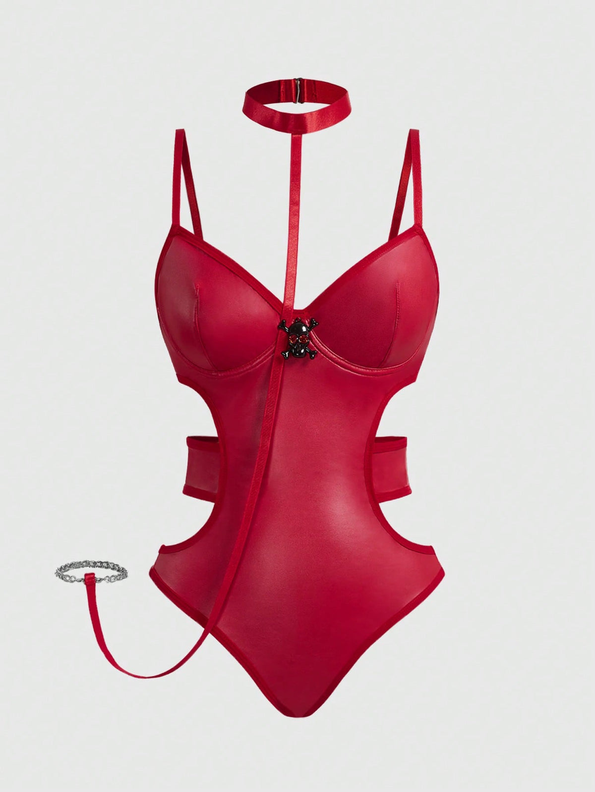 Burgundy goth 2-piece lingerie set with backless bodysuit design, underwire push-up cups, and adjustable spaghetti straps.