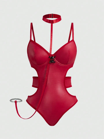 Burgundy goth 2-piece lingerie set with backless bodysuit design, underwire push-up cups, and adjustable spaghetti straps.