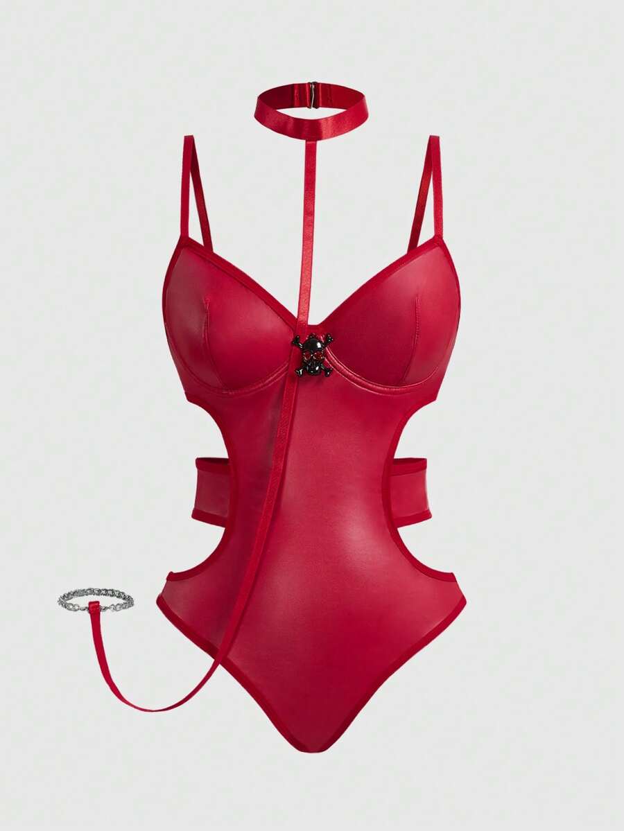 Burgundy goth 2-piece lingerie set with backless bodysuit design, underwire push-up cups, and adjustable spaghetti straps.