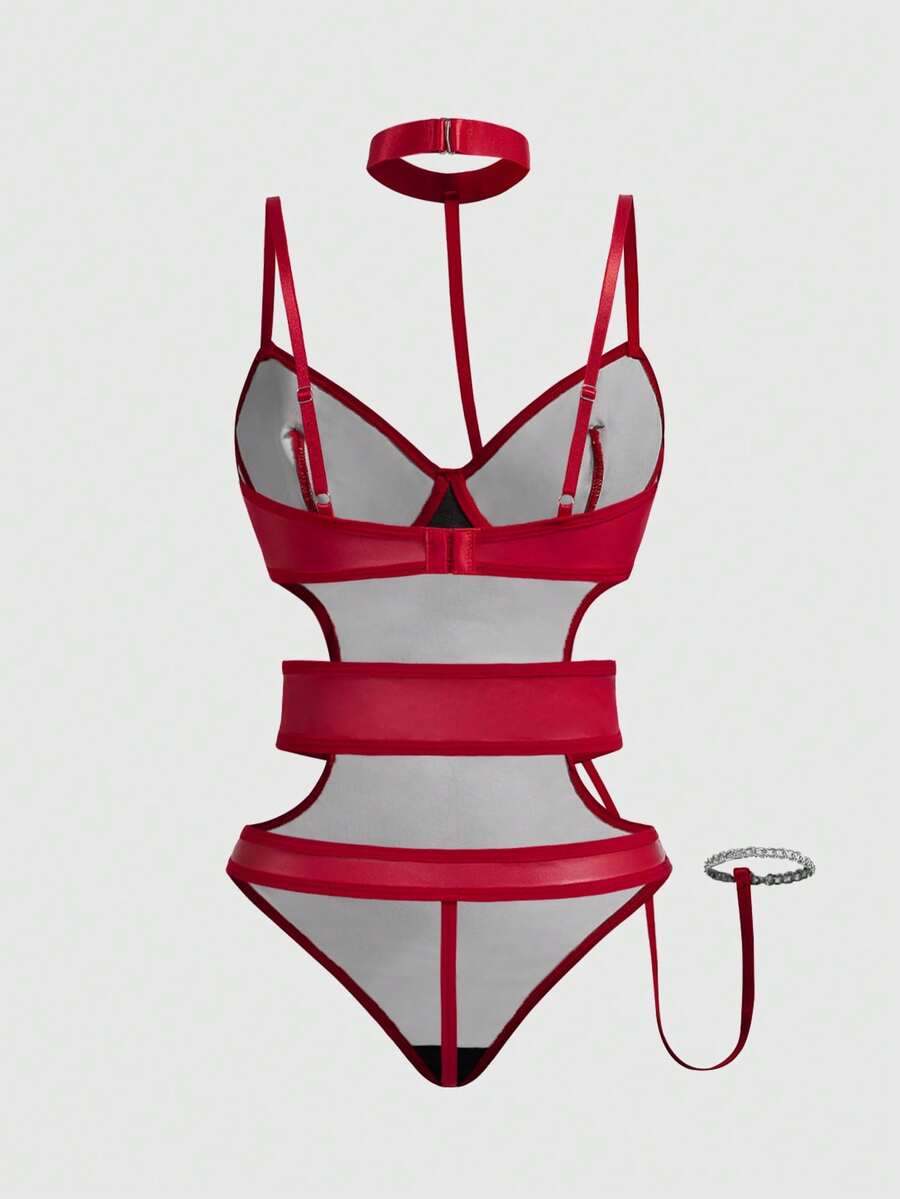 Burgundy goth 2-piece lingerie set with backless bodysuit design, underwire push-up cups, and adjustable spaghetti straps.