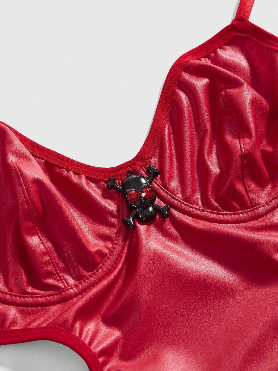 Burgundy goth 2-piece lingerie set with backless bodysuit design, underwire push-up cups, and adjustable spaghetti straps.