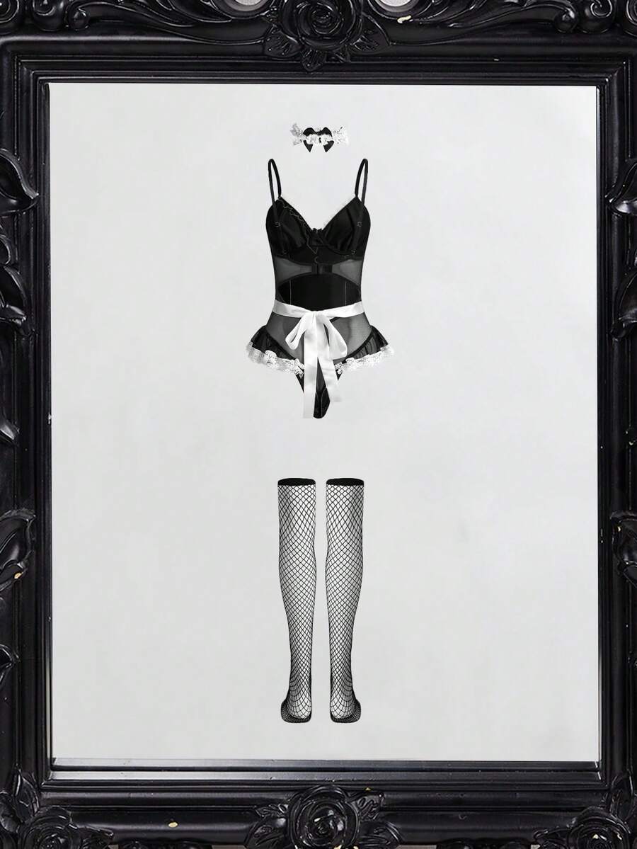 Women's 4-piece black and white maid costume set featuring a backless mesh romper with ruffle trim and bow detail, neck choker, and fishnet stockings.