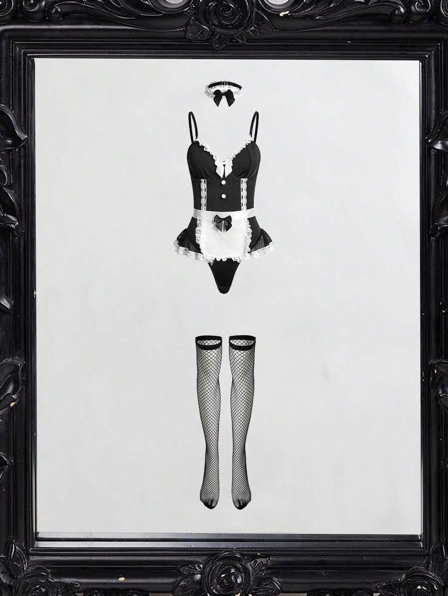 Women's 4-piece black and white maid costume set featuring a backless mesh romper with ruffle trim and bow detail, neck choker, and fishnet stockings.