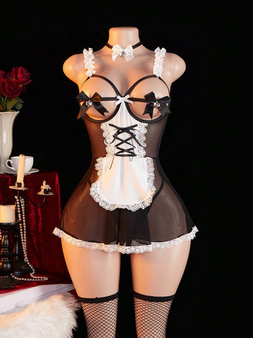Women's 4-piece black lingerie set featuring a sheer lace nightgown with backless design, adjustable spaghetti straps, fishnet stockings, and matching choker.