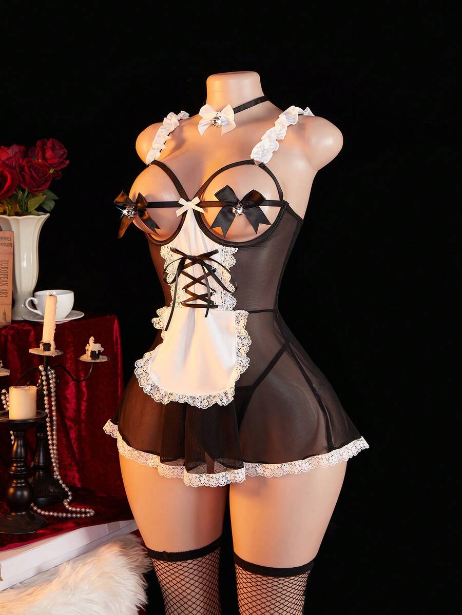 Women's 4-piece black lingerie set featuring a sheer lace nightgown with backless design, adjustable spaghetti straps, fishnet stockings, and matching choker.