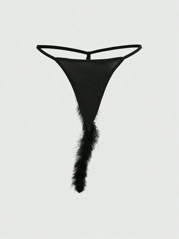 Black gothic furry tail thong panties for women featuring a low rise fit in knitted fabric.
