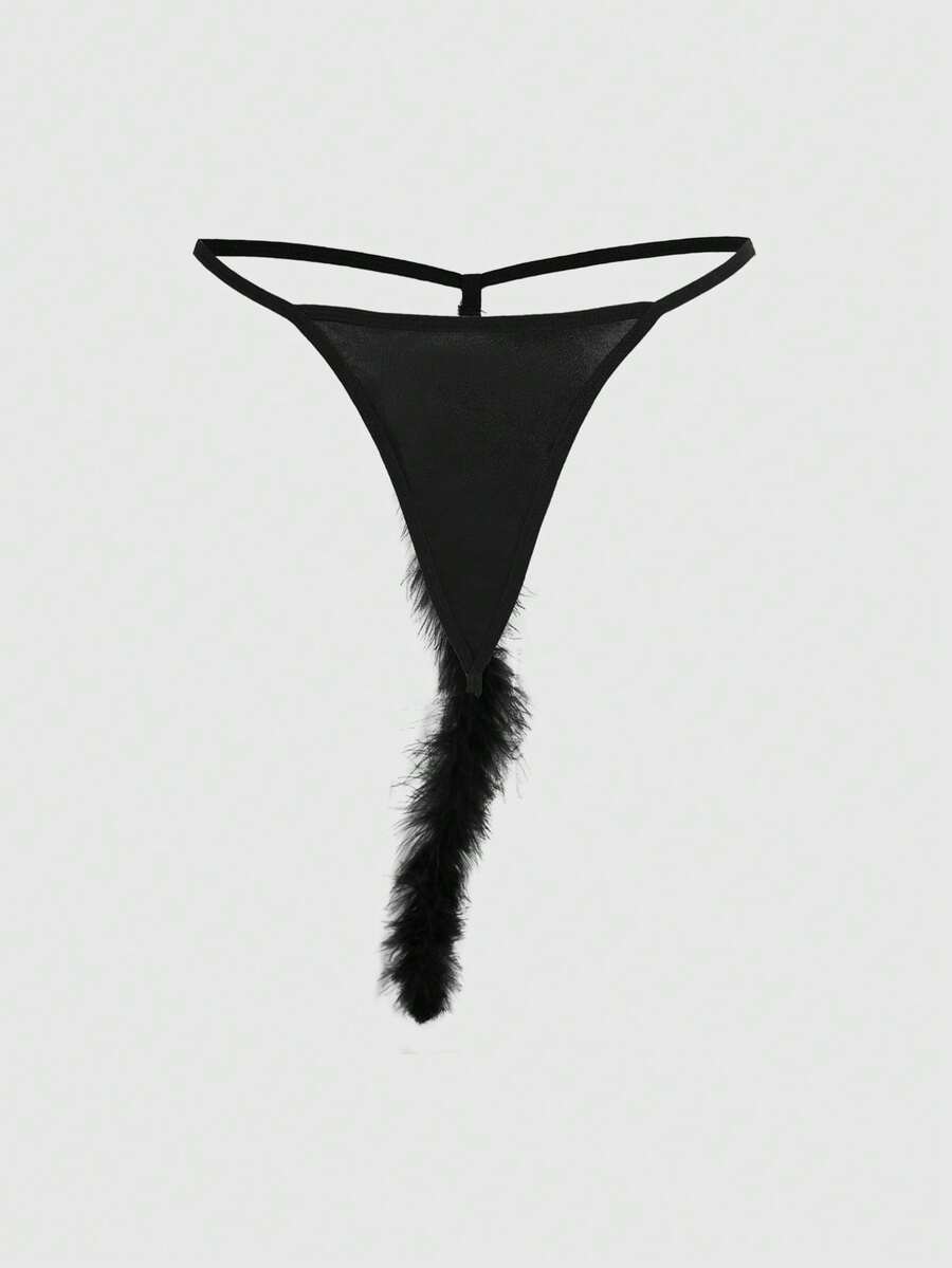 Black gothic furry tail thong panties for women featuring a low rise fit in knitted fabric.