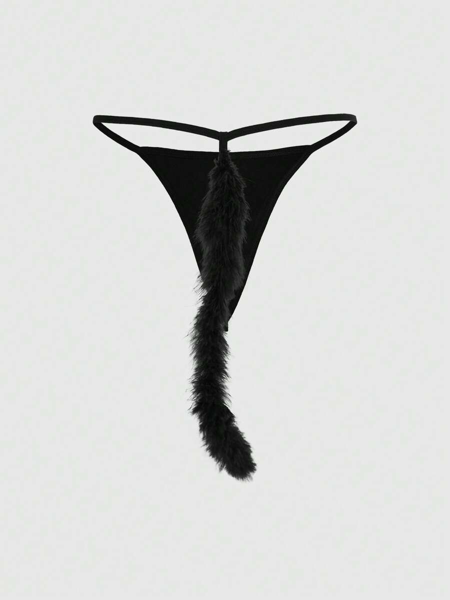 Black gothic furry tail thong panties for women featuring a low rise fit in knitted fabric.