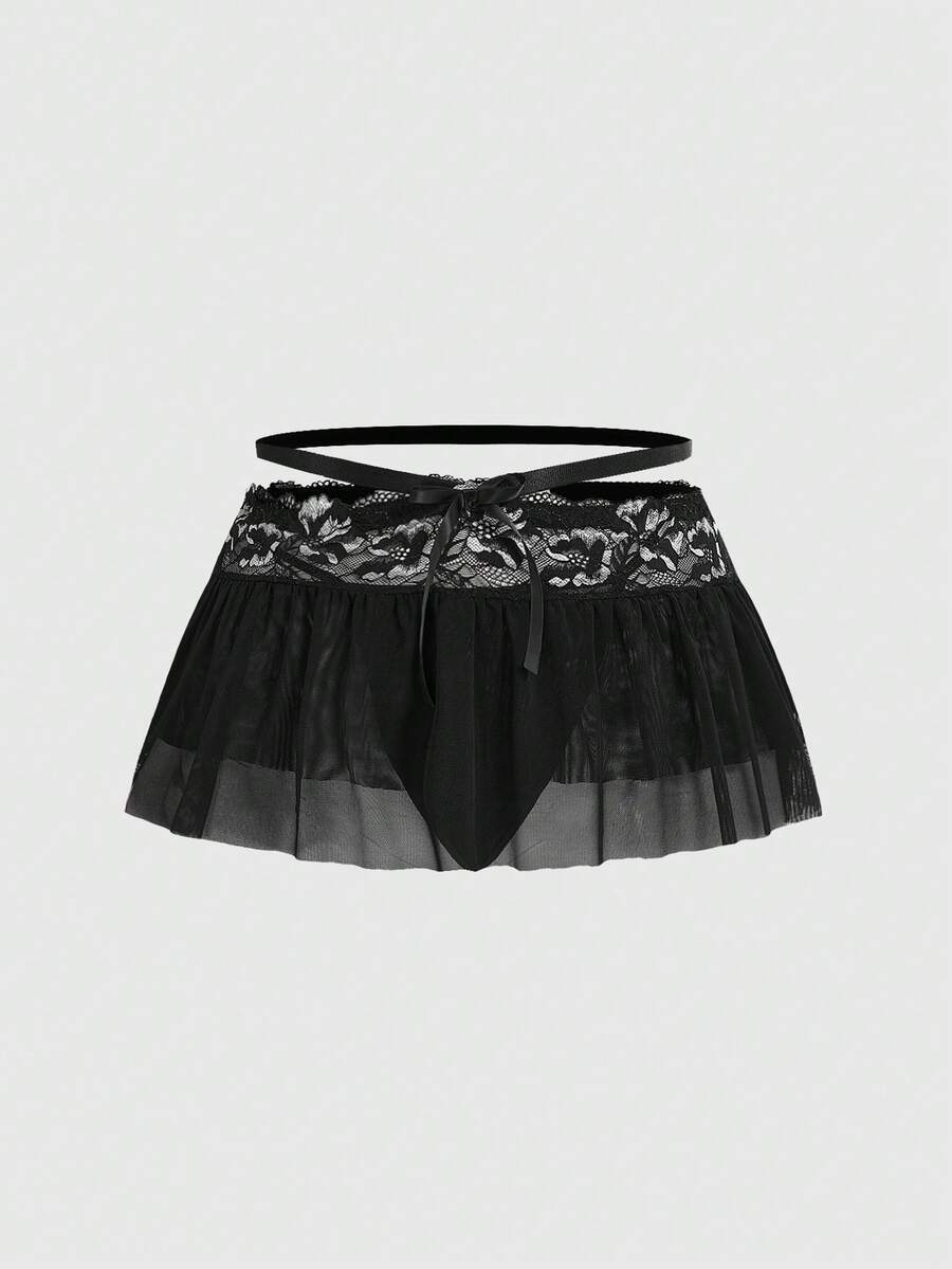 Black plus size gothic lingerie set featuring an off-shoulder bra with metal chain straps, underwire support, low rise thong, and ruffle hem mini skirt.