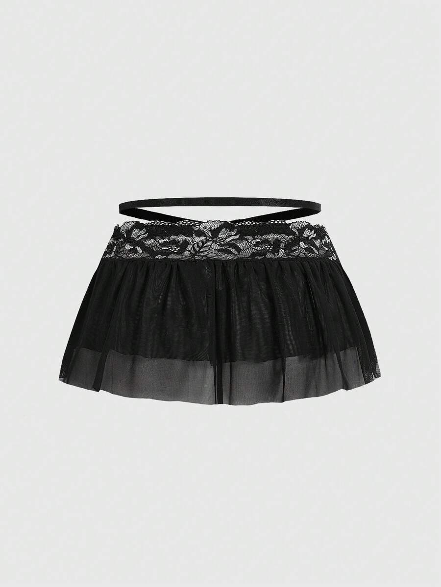 Black plus size gothic lingerie set featuring an off-shoulder bra with metal chain straps, underwire support, low rise thong, and ruffle hem mini skirt.