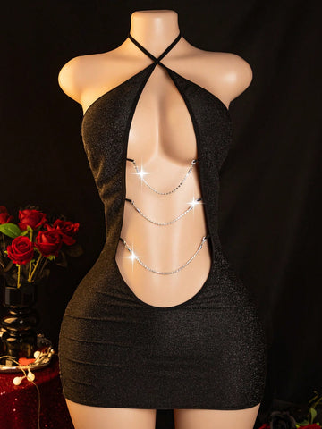 Black women's shiny hollow out lingerie set with halter short slip dress and matching low-rise G-string, 2-piece polyester elastane intimate apparel set.