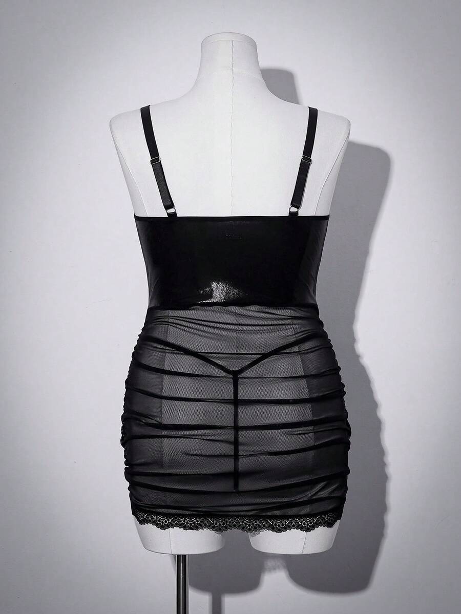 Black gothic sheer mesh lingerie dress with adjustable spaghetti straps and wireless bralette silhouette for women.