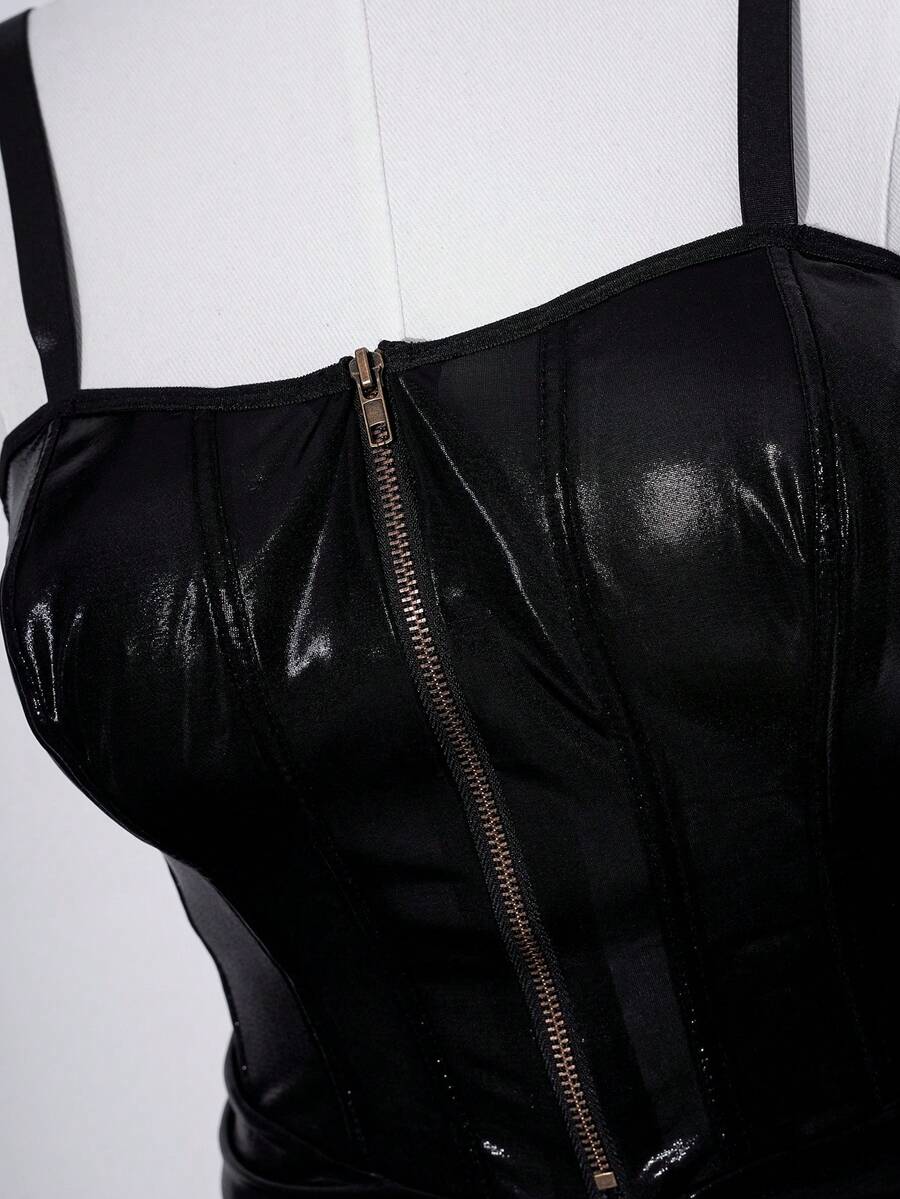 Black gothic sheer mesh lingerie dress with adjustable spaghetti straps and wireless bralette silhouette for women.