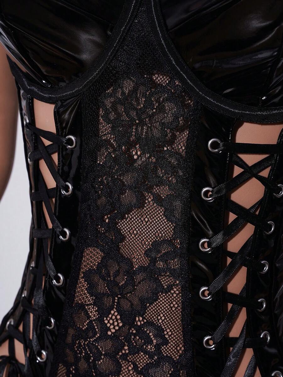 Black PU contrast lace side-tie garter bodysuit set with underwire, sheer panels, V-string bottom, and matching thigh-high stockings for women