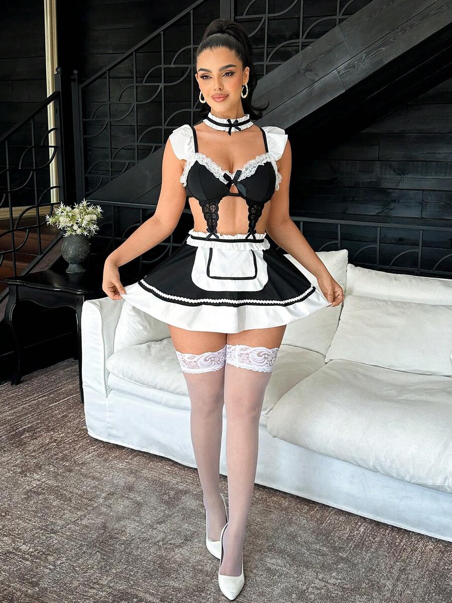 Sleeveless black and white lace patchwork dress for women with ruffle trim, bow detail, underwire support, and adjustable spaghetti straps.