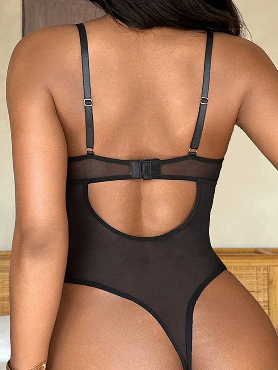 Women's halter bodysuit lingerie featuring contrast lace trim, backless mesh fabric, underwire teddy design, and adjustable shoulder straps.