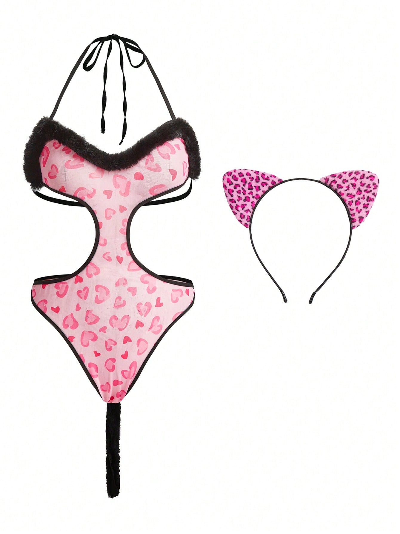 Pink crotchless bodysuit lingerie set for women with mesh splice panels, plunge neckline, adjustable straps, semi-sheer fabric, and matching headpiece.