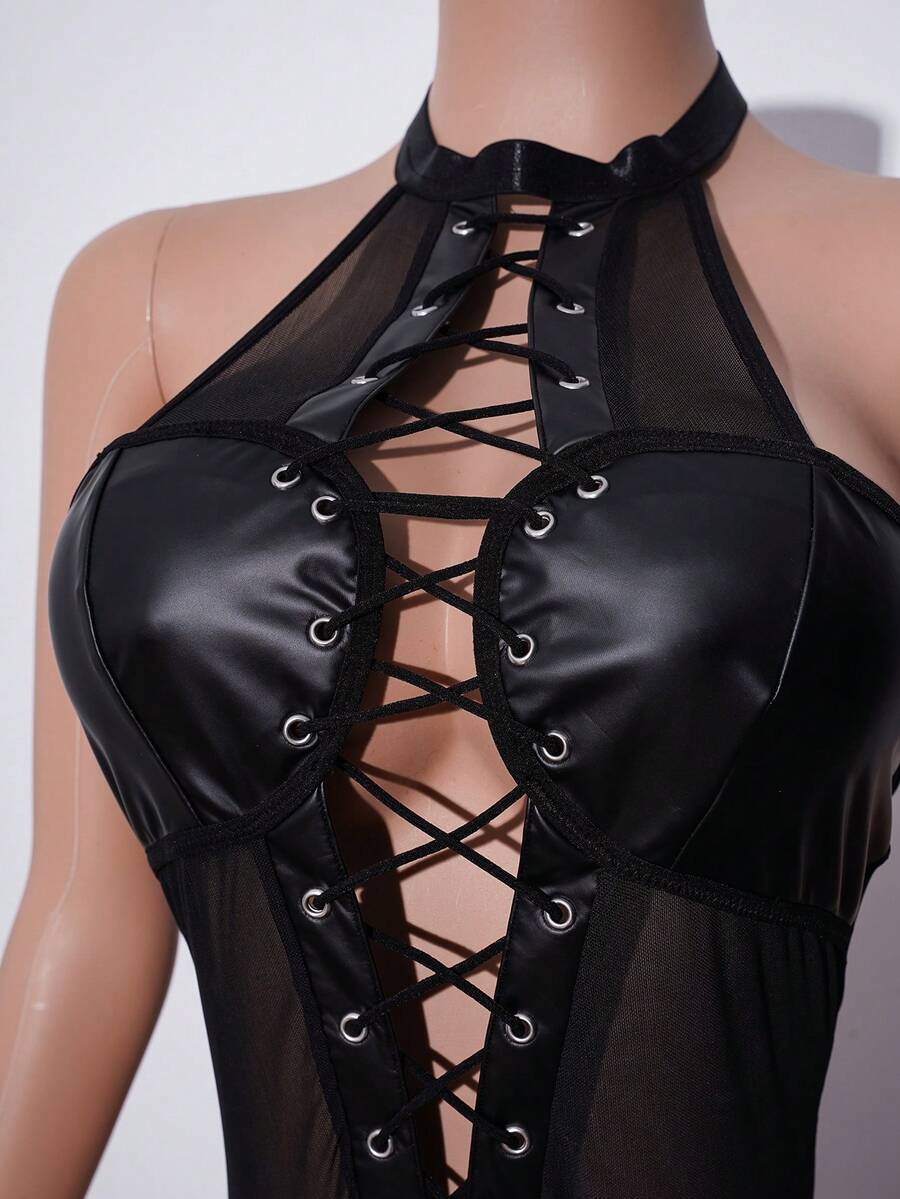 Black PU patchwork halter neck teddy lingerie bodysuit for women with sheer net fabric and hollow-out detailing.