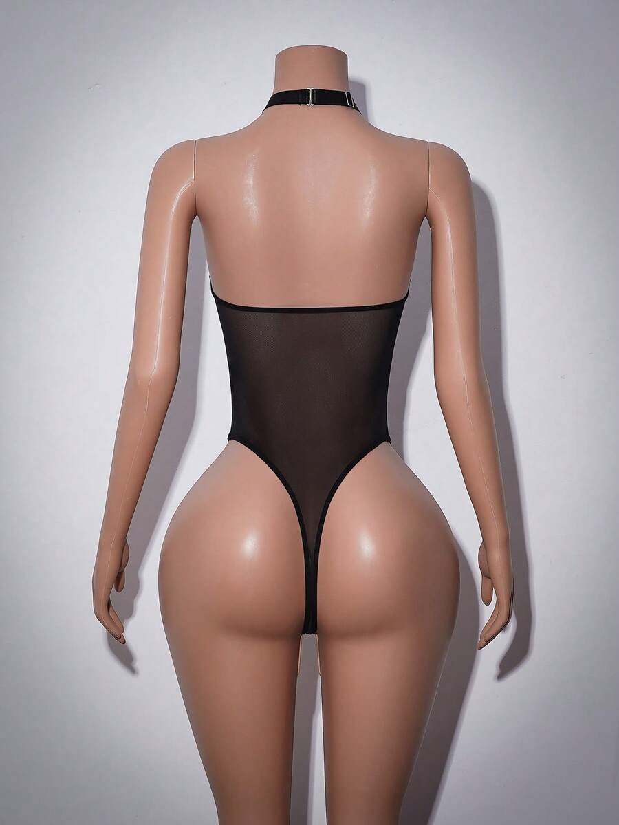 Black PU patchwork halter neck teddy lingerie bodysuit for women with sheer net fabric and hollow-out detailing.