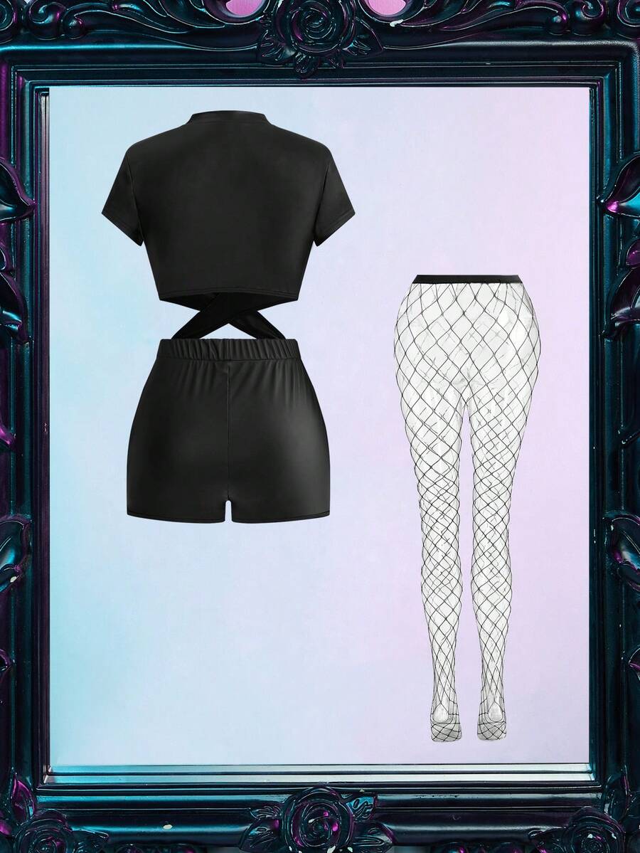 Women's short sleeve black bodysuit jumpsuit featuring a deep V neckline, patched wrap details, and wireless unlined design.