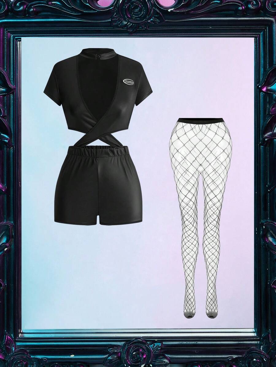 Women's short sleeve black bodysuit jumpsuit featuring a deep V neckline, patched wrap details, and wireless unlined design.