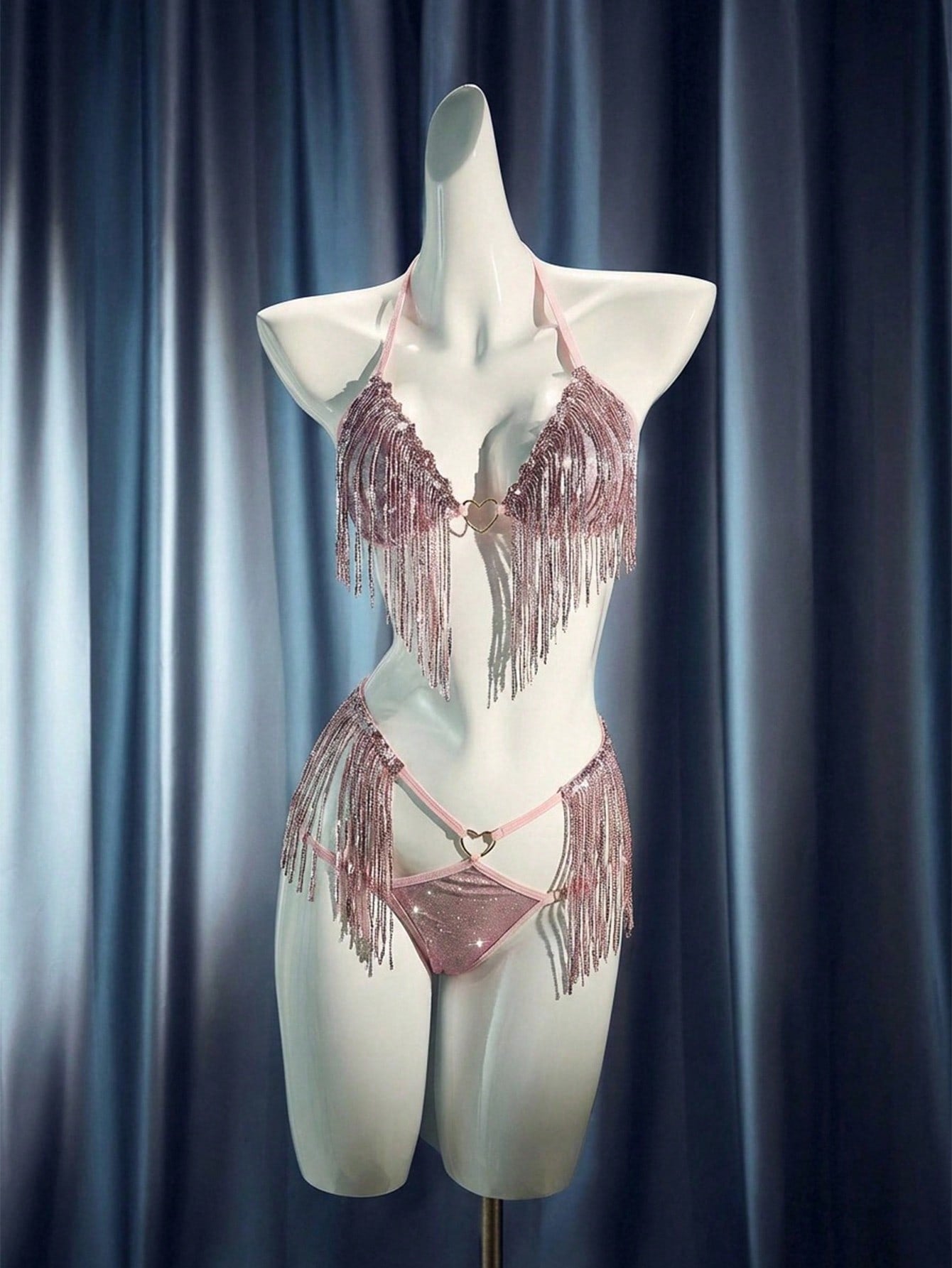 Women's 2-piece sexy lingerie set with sequin tassel accents, contrast lace, halter wireless bralette, adjustable straps, backless design, and matching thong bottom.