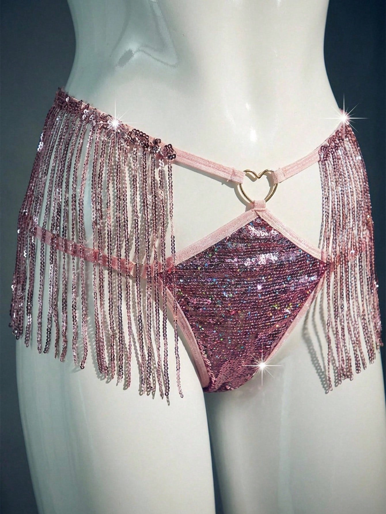 Women's 2-piece sexy lingerie set with sequin tassel accents, contrast lace, halter wireless bralette, adjustable straps, backless design, and matching thong bottom.