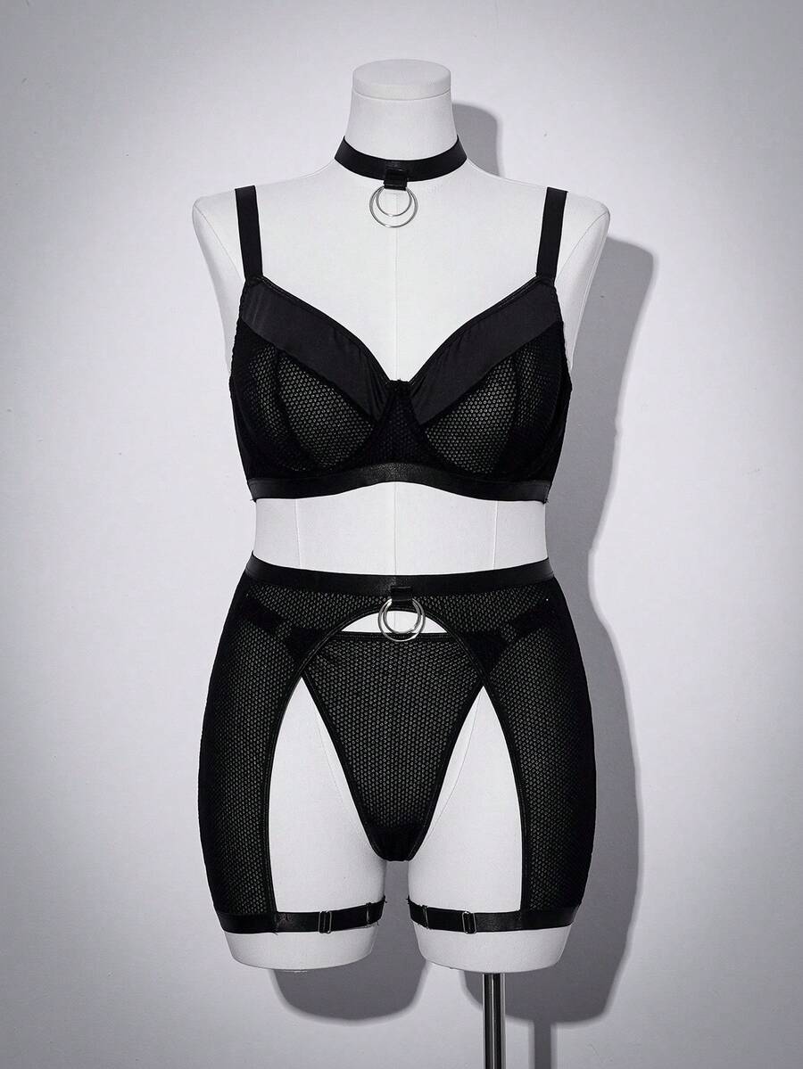 Black plus size goth babydoll lingerie set featuring sheer fabric, underwire support, adjustable spaghetti straps, and high rise briefs.