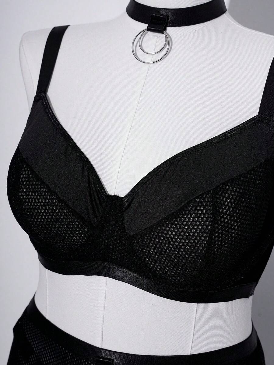Black plus size goth babydoll lingerie set featuring sheer fabric, underwire support, adjustable spaghetti straps, and high rise briefs.