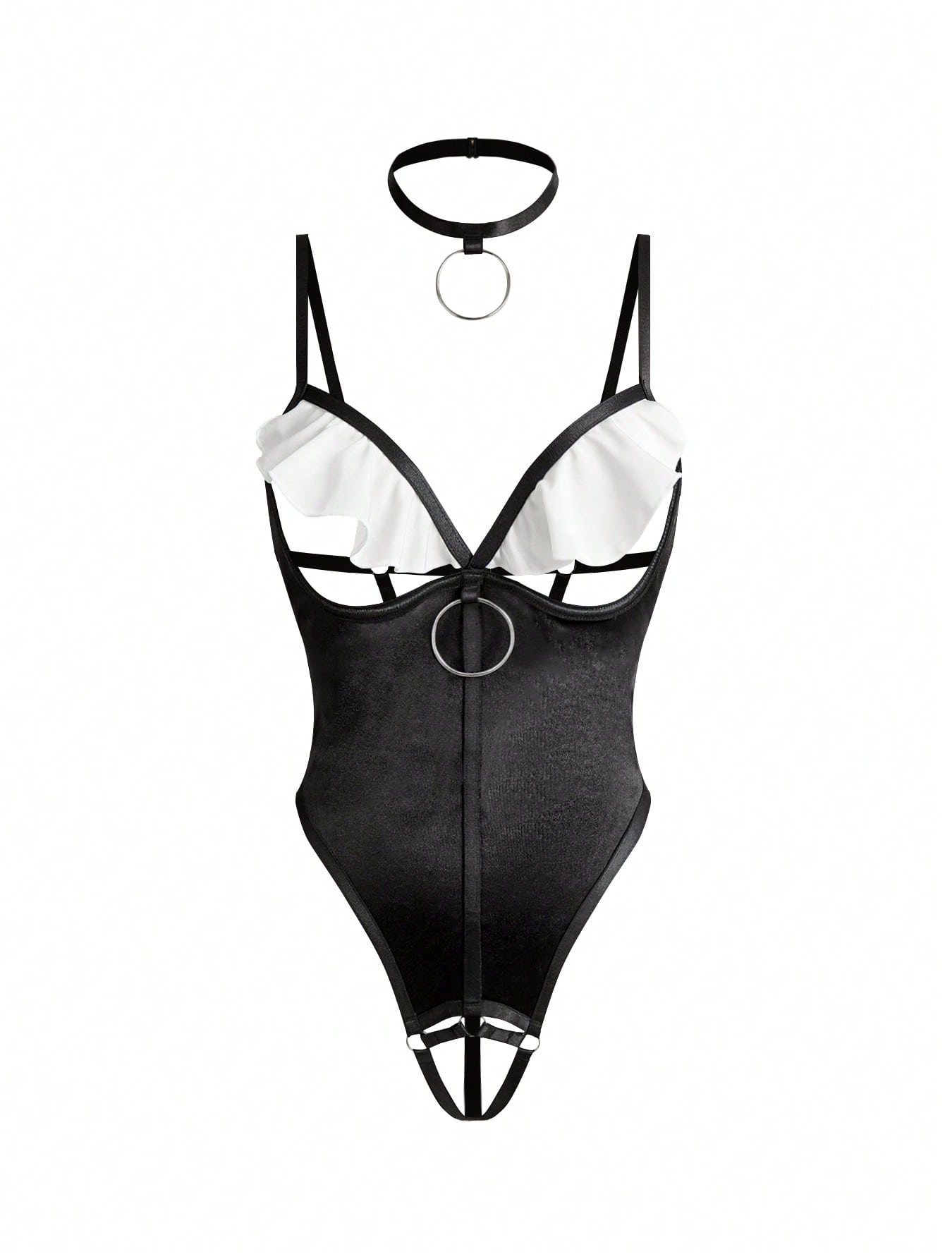 Women's black and white colorblock lingerie set with a backless ruffled teddy design, adjustable spaghetti straps, wireless fit, and thong-style bottom.