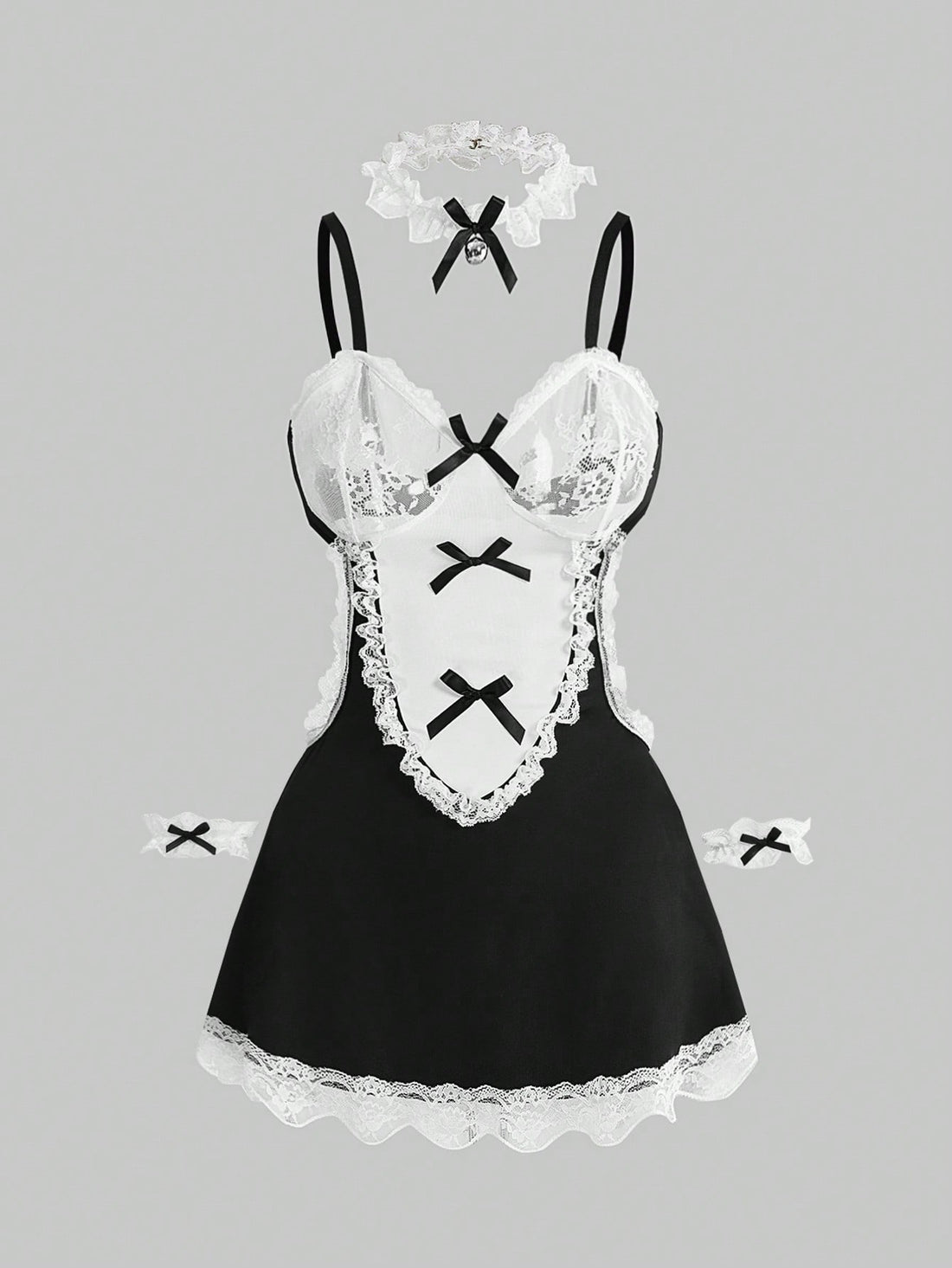 Women's 3-piece black gothic lingerie costume set featuring a contrast lace slip dress with bow decor, ruffle hem, underwire cups, and adjustable spaghetti straps.