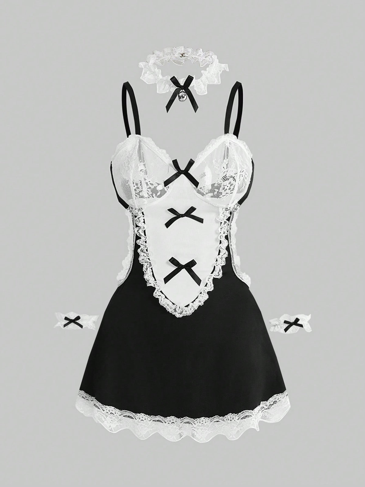 Women's 3-piece black gothic lingerie costume set featuring a contrast lace slip dress with bow decor, ruffle hem, underwire cups, and adjustable spaghetti straps.