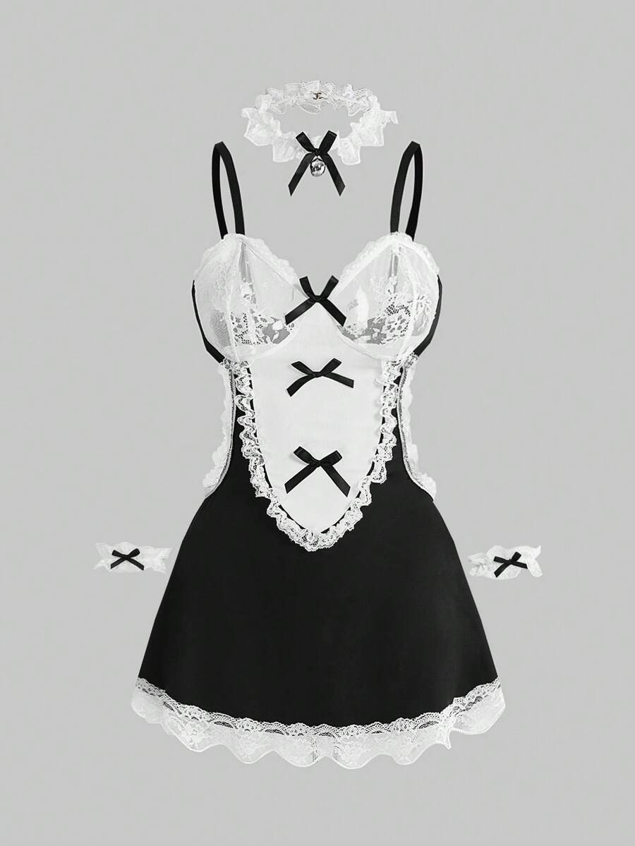 Women's 3-piece black gothic lingerie costume set featuring a contrast lace slip dress with bow decor, ruffle hem, underwire cups, and adjustable spaghetti straps.