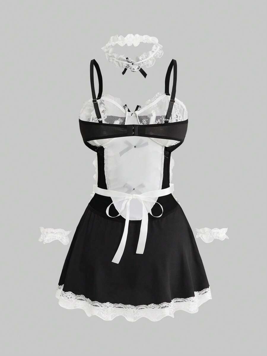 Women's 3-piece black gothic lingerie costume set featuring a contrast lace slip dress with bow decor, ruffle hem, underwire cups, and adjustable spaghetti straps.