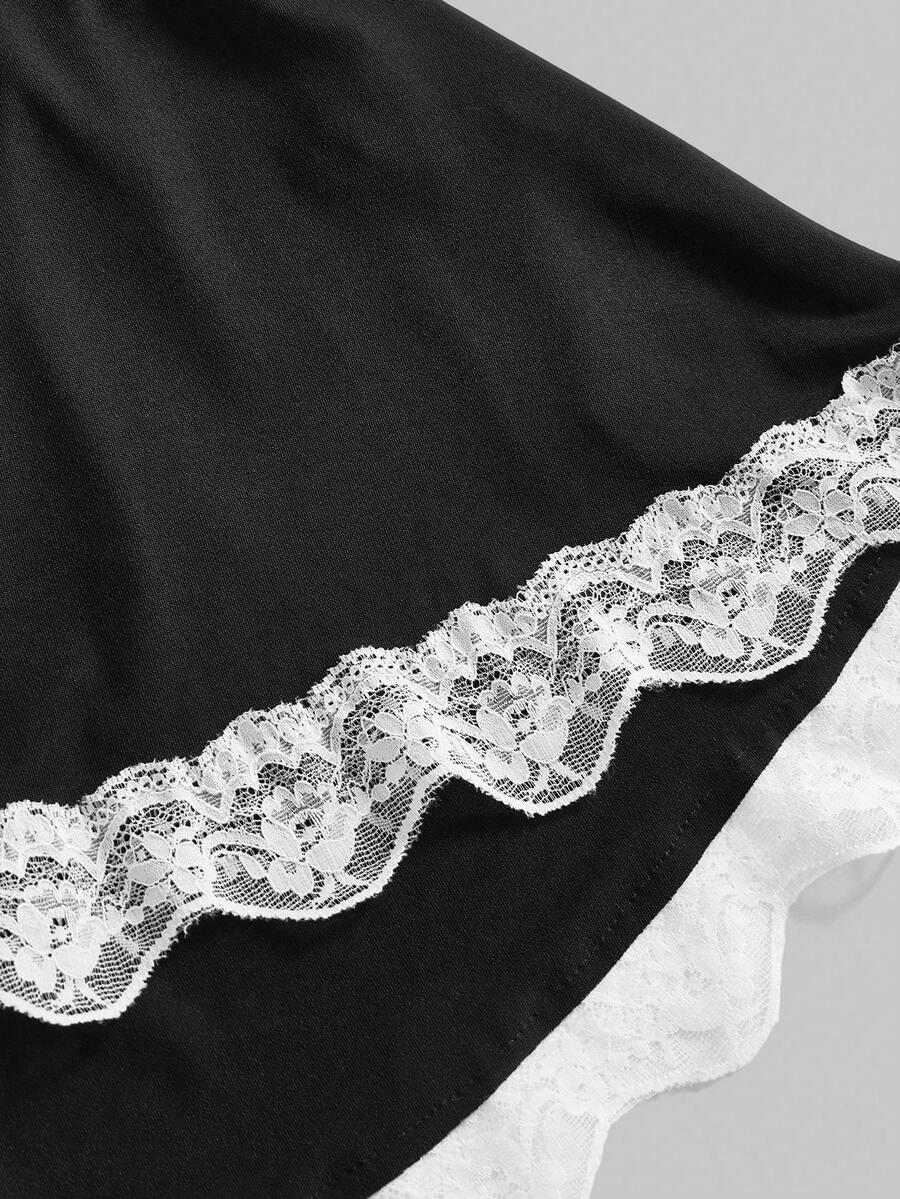 Women's 3-piece black gothic lingerie costume set featuring a contrast lace slip dress with bow decor, ruffle hem, underwire cups, and adjustable spaghetti straps.