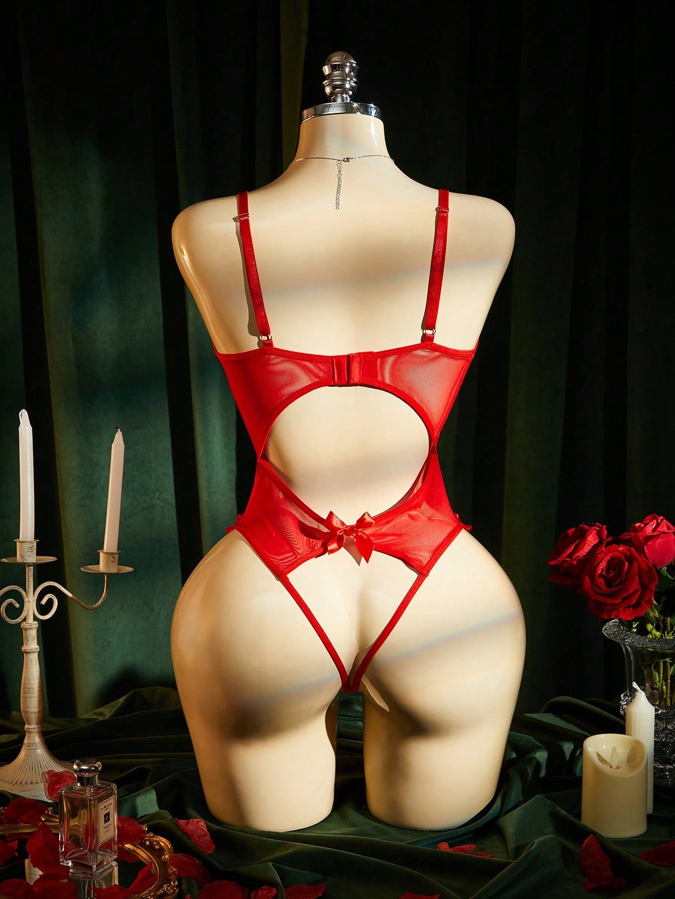 Women's lace mesh lingerie bodysuit with sheer patchwork, backless design, adjustable spaghetti straps, and wireless high-stretch fit.