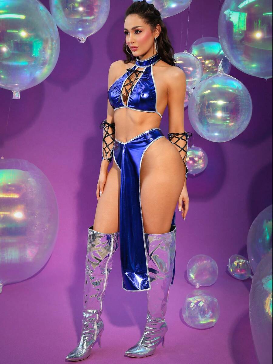 Women's 3-piece Chun-Li samurai cosplay lingerie set with criss-cross halter top, long split skirt, and panty
