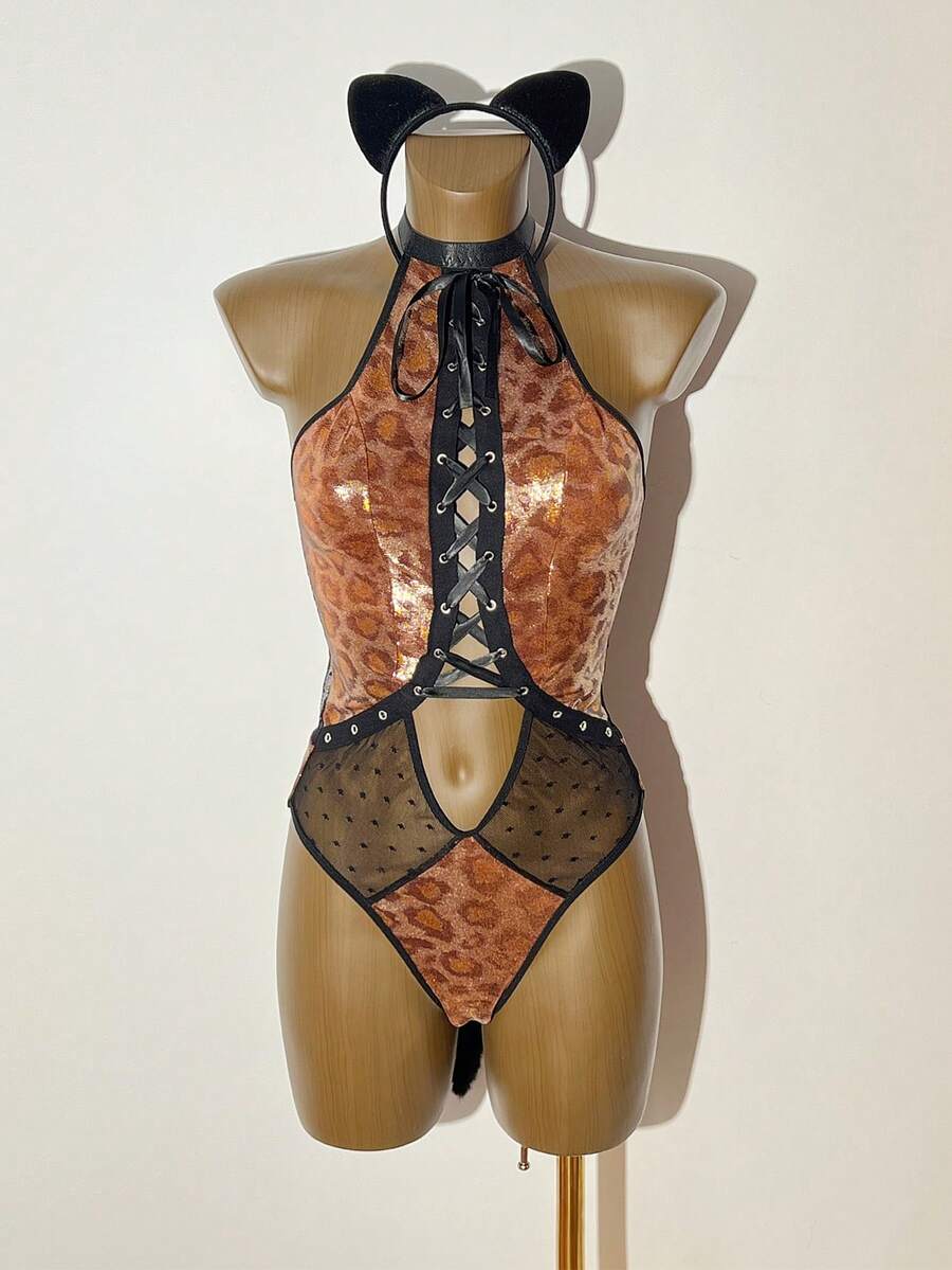 Multicolor 2-piece animal costume set for women featuring halter neckline, criss-cross strap details, contrast lace, and slim fit mini silhouette.