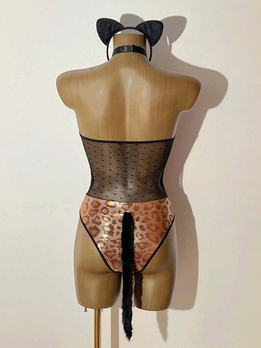 Multicolor 2-piece animal costume set for women featuring halter neckline, criss-cross strap details, contrast lace, and slim fit mini silhouette.