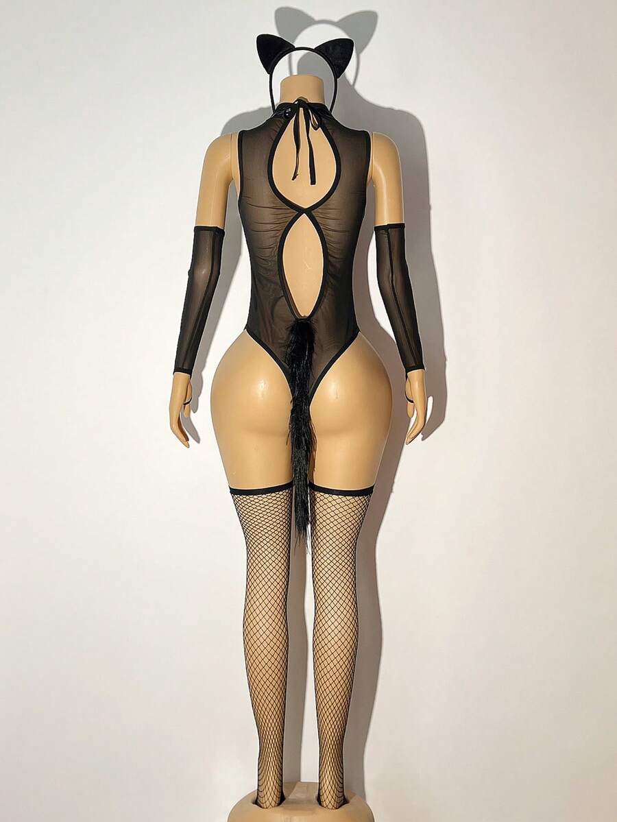 Women's 6-piece black cat ear costume set featuring a sleeveless mesh teddy with stand collar and reflective details.