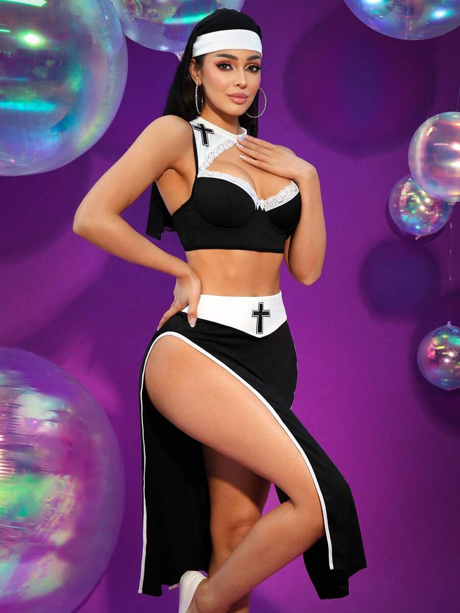 Women's black and white cross lace mesh cosplay lingerie set with spaghetti straps and wireless low-rise design.
