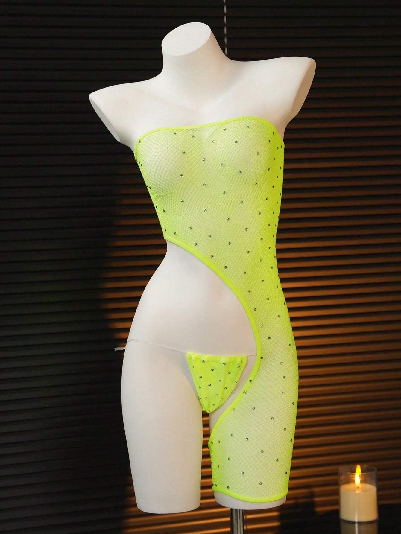 Women's 2-piece sheer lingerie set featuring an asymmetric strapless bodysuit with cut-out rhinestone details and a matching low-rise G-string thong.
