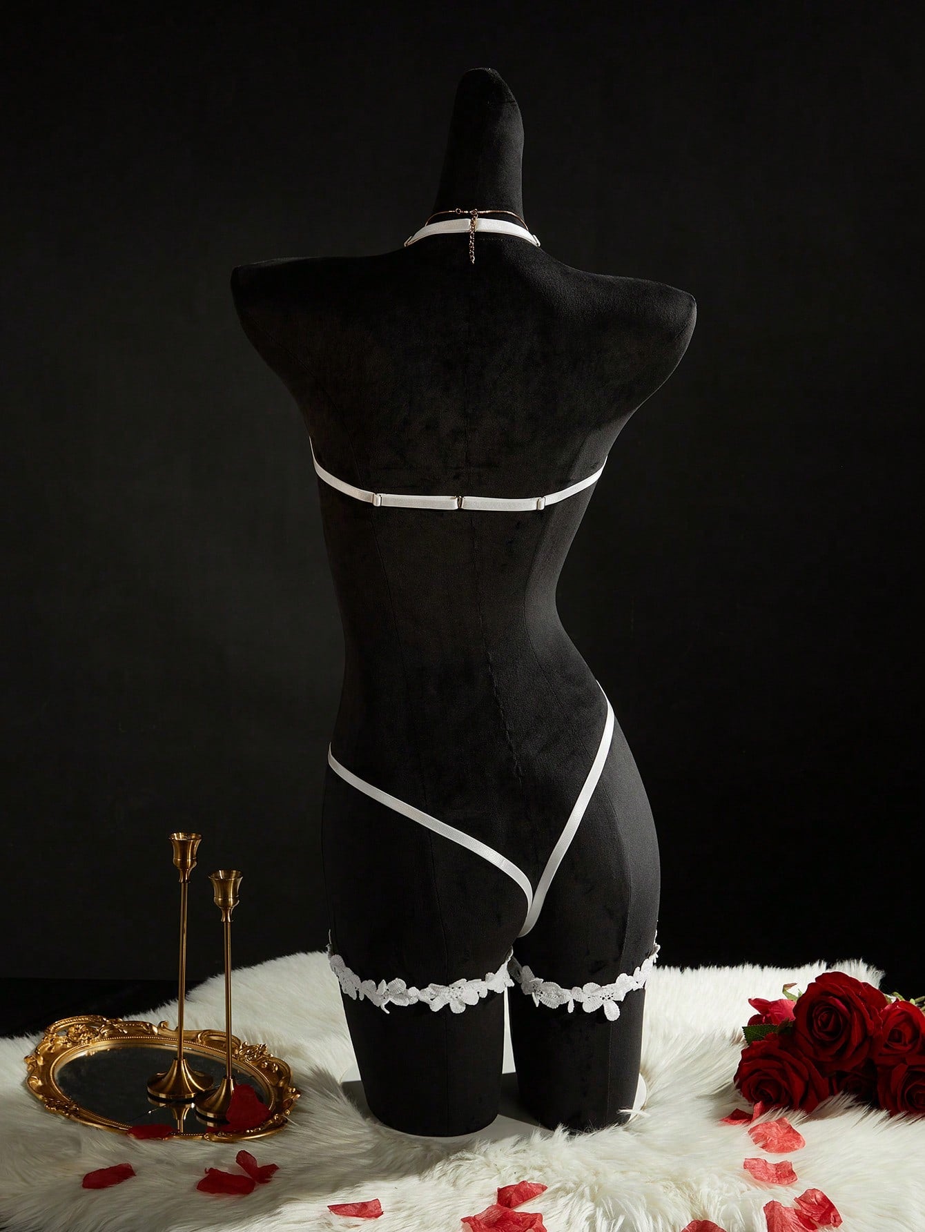 Women's lace trim 3-piece lingerie set with spaghetti strap top, triangle wireless bra, and V-string panty in knitted fabric